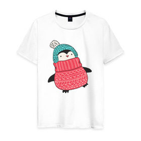 Мужская футболка хлопок с принтом Пингвин в шапке в Санкт-Петербурге, 100% хлопок | прямой крой, круглый вырез горловины, длина до линии бедер, слегка спущенное плечо. | Тематика изображения на принте: 