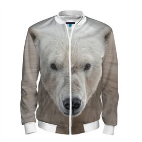 Мужской бомбер 3D с принтом Белый медведь в Санкт-Петербурге, 100% полиэстер | застегивается на молнию, по бокам два кармана без застежек, по низу бомбера и на воротнике - эластичная резинка | animal | bear | eyes | head | north | polar | predator | white | wild | белый | взгляд | голова | дикий | животное | медведь | полярный | север | хищник