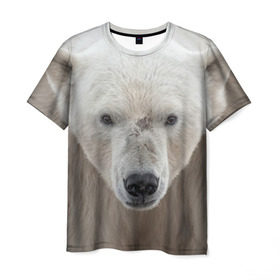 Мужская футболка 3D с принтом Белый медведь в Санкт-Петербурге, 100% полиэфир | прямой крой, круглый вырез горловины, длина до линии бедер | animal | bear | eyes | head | north | polar | predator | white | wild | белый | взгляд | голова | дикий | животное | медведь | полярный | север | хищник