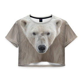 Женская футболка 3D укороченная с принтом Белый медведь в Санкт-Петербурге, 100% полиэстер | круглая горловина, длина футболки до линии талии, рукава с отворотами | animal | bear | eyes | head | north | polar | predator | white | wild | белый | взгляд | голова | дикий | животное | медведь | полярный | север | хищник