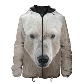 Мужская куртка 3D с принтом Белый медведь в Санкт-Петербурге, ткань верха — 100% полиэстер, подклад — флис | прямой крой, подол и капюшон оформлены резинкой с фиксаторами, два кармана без застежек по бокам, один большой потайной карман на груди. Карман на груди застегивается на липучку | Тематика изображения на принте: animal | bear | eyes | head | north | polar | predator | white | wild | белый | взгляд | голова | дикий | животное | медведь | полярный | север | хищник