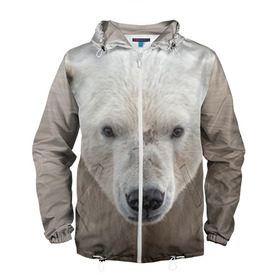 Мужская ветровка 3D с принтом Белый медведь в Санкт-Петербурге, 100% полиэстер | подол и капюшон оформлены резинкой с фиксаторами, два кармана без застежек по бокам, один потайной карман на груди | Тематика изображения на принте: animal | bear | eyes | head | north | polar | predator | white | wild | белый | взгляд | голова | дикий | животное | медведь | полярный | север | хищник