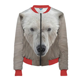 Женский бомбер 3D с принтом Белый медведь в Санкт-Петербурге, 100% полиэстер | застегивается на молнию, по бокам два кармана без застежек, мягкие манжеты, по низу бомбера и на воротнике — эластичная резинка | animal | bear | eyes | head | north | polar | predator | white | wild | белый | взгляд | голова | дикий | животное | медведь | полярный | север | хищник