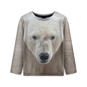 Детский лонгслив 3D с принтом Белый медведь в Санкт-Петербурге, 100% полиэстер | длинные рукава, круглый вырез горловины, полуприлегающий силуэт
 | animal | bear | eyes | head | north | polar | predator | white | wild | белый | взгляд | голова | дикий | животное | медведь | полярный | север | хищник