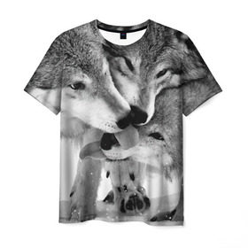Мужская футболка 3D с принтом Волчья семья в Санкт-Петербурге, 100% полиэфир | прямой крой, круглый вырез горловины, длина до линии бедер | animals | black   white | family | love | predators | wild | wolves | волки | дикие | животные | любовь | семья | хищники | черно   белый