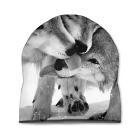 Шапка 3D с принтом Волчья семья в Санкт-Петербурге, 100% полиэстер | универсальный размер, печать по всей поверхности изделия | animals | black   white | family | love | predators | wild | wolves | волки | дикие | животные | любовь | семья | хищники | черно   белый