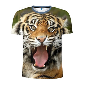 Мужская футболка 3D спортивная с принтом Тигр в Санкт-Петербурге, 100% полиэстер с улучшенными характеристиками | приталенный силуэт, круглая горловина, широкие плечи, сужается к линии бедра | Тематика изображения на принте: angry | animal | beast | jaws | predator | teeth | tiger | животное | зверь | злой | клыки | оскал | пасть | тигр | хищник