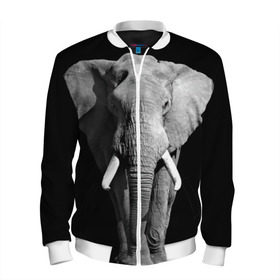 Мужской бомбер 3D с принтом Слон в Санкт-Петербурге, 100% полиэстер | застегивается на молнию, по бокам два кармана без застежек, по низу бомбера и на воротнике - эластичная резинка | africa | big | black   white | elephant is an animal | shroud | tusks | африка | бивни | большой | животное | идет | савана | слон | черно   белый