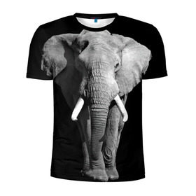 Мужская футболка 3D спортивная с принтом Слон в Санкт-Петербурге, 100% полиэстер с улучшенными характеристиками | приталенный силуэт, круглая горловина, широкие плечи, сужается к линии бедра | africa | big | black   white | elephant is an animal | shroud | tusks | африка | бивни | большой | животное | идет | савана | слон | черно   белый