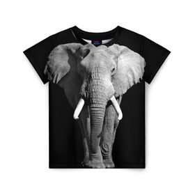 Детская футболка 3D с принтом Слон в Санкт-Петербурге, 100% гипоаллергенный полиэфир | прямой крой, круглый вырез горловины, длина до линии бедер, чуть спущенное плечо, ткань немного тянется | Тематика изображения на принте: africa | big | black   white | elephant is an animal | shroud | tusks | африка | бивни | большой | животное | идет | савана | слон | черно   белый