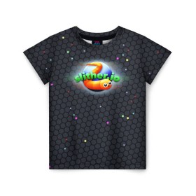 Детская футболка 3D с принтом Слизарио в Санкт-Петербурге, 100% гипоаллергенный полиэфир | прямой крой, круглый вырез горловины, длина до линии бедер, чуть спущенное плечо, ткань немного тянется | io | slither | игра | скользкий | слизняк | червяк