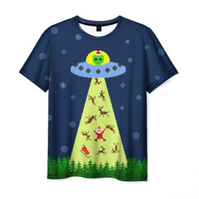 Мужская футболка 3D с принтом Похищение Санта Клауса в Санкт-Петербурге, 100% полиэфир | прямой крой, круглый вырез горловины, длина до линии бедер | вязанный | дед мороз | нлоб инопланетяне | новый год | рождество | свитер