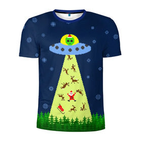 Мужская футболка 3D спортивная с принтом Похищение Санта Клауса в Санкт-Петербурге, 100% полиэстер с улучшенными характеристиками | приталенный силуэт, круглая горловина, широкие плечи, сужается к линии бедра | вязанный | дед мороз | нлоб инопланетяне | новый год | рождество | свитер