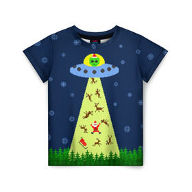 Детская футболка 3D с принтом Похищение Санта Клауса в Санкт-Петербурге, 100% гипоаллергенный полиэфир | прямой крой, круглый вырез горловины, длина до линии бедер, чуть спущенное плечо, ткань немного тянется | Тематика изображения на принте: вязанный | дед мороз | нлоб инопланетяне | новый год | рождество | свитер