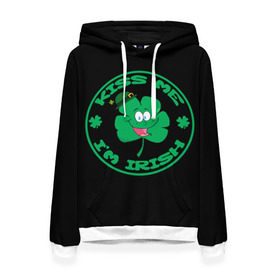 Женская толстовка 3D с принтом Ireland, Kiss me, I`m Irish в Санкт-Петербурге, 100% полиэстер  | двухслойный капюшон со шнурком для регулировки, мягкие манжеты на рукавах и по низу толстовки, спереди карман-кенгуру с мягким внутренним слоем. | Тематика изображения на принте: animation | background | black | clover | four | green | hat | im irish | ireland | kiss me | leaf | petal | printing | smile | анимация | зелёный | ирландец | ирландия | клевер | лепесток | листок | меня | печать | поцелуй | улыбка | фон | черный | четыр