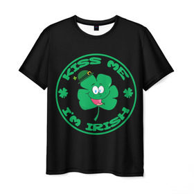 Мужская футболка 3D с принтом Ireland, Kiss me, I`m Irish в Санкт-Петербурге, 100% полиэфир | прямой крой, круглый вырез горловины, длина до линии бедер | animation | background | black | clover | four | green | hat | im irish | ireland | kiss me | leaf | petal | printing | smile | анимация | зелёный | ирландец | ирландия | клевер | лепесток | листок | меня | печать | поцелуй | улыбка | фон | черный | четыр