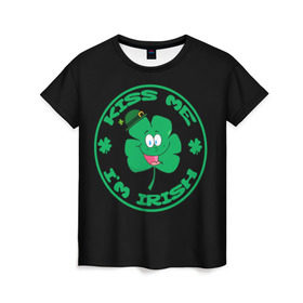 Женская футболка 3D с принтом Ireland, Kiss me, I`m Irish в Санкт-Петербурге, 100% полиэфир ( синтетическое хлопкоподобное полотно) | прямой крой, круглый вырез горловины, длина до линии бедер | animation | background | black | clover | four | green | hat | im irish | ireland | kiss me | leaf | petal | printing | smile | анимация | зелёный | ирландец | ирландия | клевер | лепесток | листок | меня | печать | поцелуй | улыбка | фон | черный | четыр
