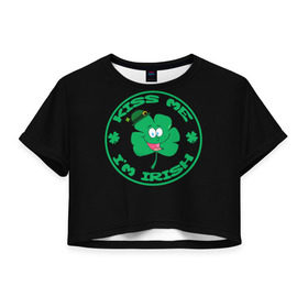 Женская футболка 3D укороченная с принтом Ireland, Kiss me, I`m Irish в Санкт-Петербурге, 100% полиэстер | круглая горловина, длина футболки до линии талии, рукава с отворотами | animation | background | black | clover | four | green | hat | im irish | ireland | kiss me | leaf | petal | printing | smile | анимация | зелёный | ирландец | ирландия | клевер | лепесток | листок | меня | печать | поцелуй | улыбка | фон | черный | четыр