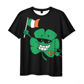 Мужская футболка 3D с принтом Ирландия, клевер с флагом в Санкт-Петербурге, 100% полиэфир | прямой крой, круглый вырез горловины, длина до линии бедер | animation | background | black | clover | flag | ireland | smile | stick | teeth | анимация | зубы | ирландия | клевер | очки | палка | улыбка | флаг | фон | черный