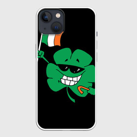 Чехол для iPhone 13 с принтом Ирландия, клевер с флагом в Санкт-Петербурге,  |  | animation | background | black | clover | flag | ireland | smile | stick | teeth | анимация | зубы | ирландия | клевер | очки | палка | улыбка | флаг | фон | черный