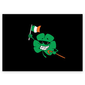Поздравительная открытка с принтом Ирландия, клевер с флагом в Санкт-Петербурге, 100% бумага | плотность бумаги 280 г/м2, матовая, на обратной стороне линовка и место для марки
 | animation | background | black | clover | flag | ireland | smile | stick | teeth | анимация | зубы | ирландия | клевер | очки | палка | улыбка | флаг | фон | черный