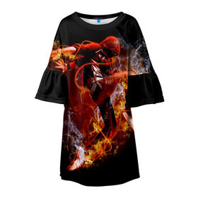 Детское платье 3D с принтом Огненный танец в Санкт-Петербурге, 100% полиэстер | прямой силуэт, чуть расширенный к низу. Круглая горловина, на рукавах — воланы | background | black | dance | dancer | energy | fire | flame | flying | male | мужчина | огненный | пламя | полет | танец | танцор | фон | черный | энергия