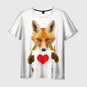 Мужская футболка 3D с принтом Влюбленная лиса в Санкт-Петербурге, 100% полиэфир | прямой крой, круглый вырез горловины, длина до линии бедер | animal | beast | fox | heart | love | orange | животное | зверь | лис | лиса | личиска | любовь | рыжая | сердце