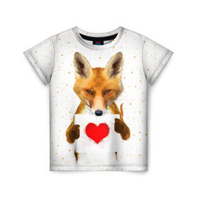 Детская футболка 3D с принтом Влюбленная лиса в Санкт-Петербурге, 100% гипоаллергенный полиэфир | прямой крой, круглый вырез горловины, длина до линии бедер, чуть спущенное плечо, ткань немного тянется | animal | beast | fox | heart | love | orange | животное | зверь | лис | лиса | личиска | любовь | рыжая | сердце