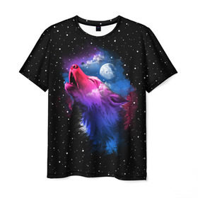 Мужская футболка 3D с принтом Воющий волк в Санкт-Петербурге, 100% полиэфир | прямой крой, круглый вырез горловины, длина до линии бедер | Тематика изображения на принте: animal | beast | cosmic | galaxy | moon | planet | rage | roar | space | star | universe | wild | wolf | волк | вселенная | галактика | животное | звезды | зверь | космос | луна | планета | рык | ярость