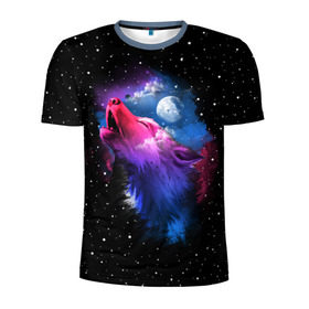 Мужская футболка 3D спортивная с принтом Воющий волк в Санкт-Петербурге, 100% полиэстер с улучшенными характеристиками | приталенный силуэт, круглая горловина, широкие плечи, сужается к линии бедра | animal | beast | cosmic | galaxy | moon | planet | rage | roar | space | star | universe | wild | wolf | волк | вселенная | галактика | животное | звезды | зверь | космос | луна | планета | рык | ярость