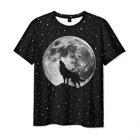 Мужская футболка 3D с принтом Лунный волк в Санкт-Петербурге, 100% полиэфир | прямой крой, круглый вырез горловины, длина до линии бедер | animal | beast | cosmic | galaxy | moon | planet | rage | roar | space | star | universe | wild | wolf | волк | вселенная | галактика | животное | звезды | зверь | космос | луна | планета | рык | ярость