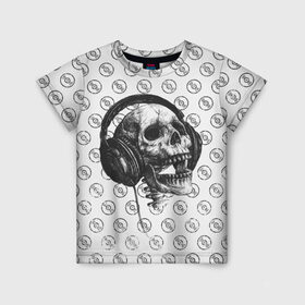 Детская футболка 3D с принтом Череп меломана в Санкт-Петербурге, 100% гипоаллергенный полиэфир | прямой крой, круглый вырез горловины, длина до линии бедер, чуть спущенное плечо, ткань немного тянется | Тематика изображения на принте: bone | dark | death | dubstep | electro | evil | hipster | metal | music | rock | skelet | skull | дабстеп | кости | меломан | метал | музыка | наушники | рок | скелет | хипстер | череп