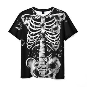 Мужская футболка 3D с принтом Floral Skeleton в Санкт-Петербурге, 100% полиэфир | прямой крой, круглый вырез горловины, длина до линии бедер | art | bone | dark | death | fashion | flower | hipster | skelet | skull | арт | грудь | кости | мода | ребра | скелет | стиль | темный | хипстер | цвет | череп