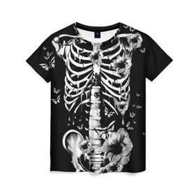 Женская футболка 3D с принтом Floral Skeleton в Санкт-Петербурге, 100% полиэфир ( синтетическое хлопкоподобное полотно) | прямой крой, круглый вырез горловины, длина до линии бедер | art | bone | dark | death | fashion | flower | hipster | skelet | skull | арт | грудь | кости | мода | ребра | скелет | стиль | темный | хипстер | цвет | череп