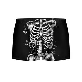 Мужские трусы 3D с принтом Floral Skeleton в Санкт-Петербурге, 50% хлопок, 50% полиэстер | классическая посадка, на поясе мягкая тканевая резинка | art | bone | dark | death | fashion | flower | hipster | skelet | skull | арт | грудь | кости | мода | ребра | скелет | стиль | темный | хипстер | цвет | череп