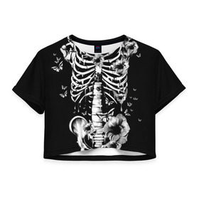 Женская футболка 3D укороченная с принтом Floral Skeleton в Санкт-Петербурге, 100% полиэстер | круглая горловина, длина футболки до линии талии, рукава с отворотами | art | bone | dark | death | fashion | flower | hipster | skelet | skull | арт | грудь | кости | мода | ребра | скелет | стиль | темный | хипстер | цвет | череп