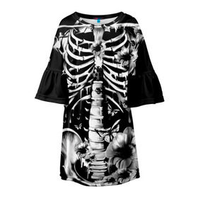 Детское платье 3D с принтом Floral Skeleton в Санкт-Петербурге, 100% полиэстер | прямой силуэт, чуть расширенный к низу. Круглая горловина, на рукавах — воланы | art | bone | dark | death | fashion | flower | hipster | skelet | skull | арт | грудь | кости | мода | ребра | скелет | стиль | темный | хипстер | цвет | череп