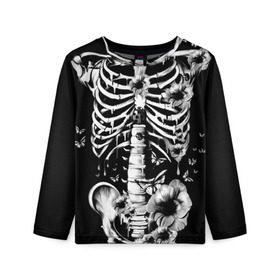 Детский лонгслив 3D с принтом Floral Skeleton в Санкт-Петербурге, 100% полиэстер | длинные рукава, круглый вырез горловины, полуприлегающий силуэт
 | art | bone | dark | death | fashion | flower | hipster | skelet | skull | арт | грудь | кости | мода | ребра | скелет | стиль | темный | хипстер | цвет | череп