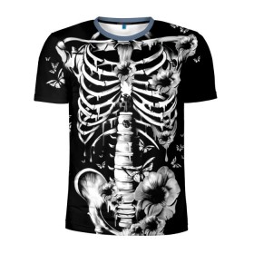 Мужская футболка 3D спортивная с принтом Floral Skeleton в Санкт-Петербурге, 100% полиэстер с улучшенными характеристиками | приталенный силуэт, круглая горловина, широкие плечи, сужается к линии бедра | art | bone | dark | death | fashion | flower | hipster | skelet | skull | арт | грудь | кости | мода | ребра | скелет | стиль | темный | хипстер | цвет | череп