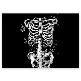 Поздравительная открытка с принтом Floral Skeleton в Санкт-Петербурге, 100% бумага | плотность бумаги 280 г/м2, матовая, на обратной стороне линовка и место для марки
 | art | bone | dark | death | fashion | flower | hipster | skelet | skull | арт | грудь | кости | мода | ребра | скелет | стиль | темный | хипстер | цвет | череп