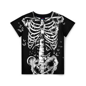 Детская футболка 3D с принтом Floral Skeleton в Санкт-Петербурге, 100% гипоаллергенный полиэфир | прямой крой, круглый вырез горловины, длина до линии бедер, чуть спущенное плечо, ткань немного тянется | Тематика изображения на принте: art | bone | dark | death | fashion | flower | hipster | skelet | skull | арт | грудь | кости | мода | ребра | скелет | стиль | темный | хипстер | цвет | череп