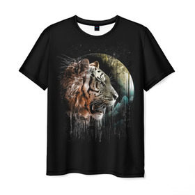 Мужская футболка 3D с принтом Космический тигр в Санкт-Петербурге, 100% полиэфир | прямой крой, круглый вырез горловины, длина до линии бедер | animal | beast | cat | cosmic | galaxy | meow | moon | planet | roar | space | tiger | галактика | животное | зверь | космос | кот | кошка | луна | мяу | планета | рык | тигр | ярость