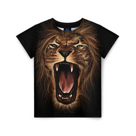 Детская футболка 3D с принтом Львиный рык в Санкт-Петербурге, 100% гипоаллергенный полиэфир | прямой крой, круглый вырез горловины, длина до линии бедер, чуть спущенное плечо, ткань немного тянется | Тематика изображения на принте: animal | beast | cat | feline | king | lion | meow | pussy | rage | roar | животное | зверь | король | кот | кошка | лев | львица | мяу | рык | хищник | царь | ярость