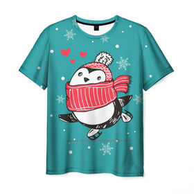 Мужская футболка 3D с принтом Пингвинчик на коньках в Санкт-Петербурге, 100% полиэфир | прямой крой, круглый вырез горловины, длина до линии бедер | 14 февраля | день святого валентина | зима | пингвин | снег | снежинки