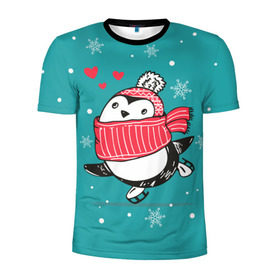 Мужская футболка 3D спортивная с принтом Пингвинчик на коньках в Санкт-Петербурге, 100% полиэстер с улучшенными характеристиками | приталенный силуэт, круглая горловина, широкие плечи, сужается к линии бедра | 14 февраля | день святого валентина | зима | пингвин | снег | снежинки