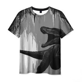 Мужская футболка 3D с принтом Пещера динозавра в Санкт-Петербурге, 100% полиэфир | прямой крой, круглый вырез горловины, длина до линии бедер | animal | beast | dino | rage | roar | динозавр | животное | зверь | земля | пещера | рык | эра | ярость