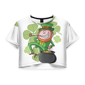 Женская футболка 3D укороченная с принтом Ирландия в Санкт-Петербурге, 100% полиэстер | круглая горловина, длина футболки до линии талии, рукава с отворотами | clover | gold | green | irish | money | st. patrick | деньги | зелёный | золото | ирландская | клевер | лепрекон