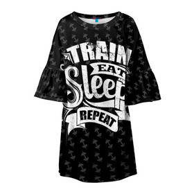 Детское платье 3D с принтом Train Eat Sleep Repeat в Санкт-Петербурге, 100% полиэстер | прямой силуэт, чуть расширенный к низу. Круглая горловина, на рукавах — воланы | body | crossfit | force | hard | power | powerlifting | sport | strength | strong | train | workout | бодибилдер | бодибилдинг | воркаут | крепость | кроссфит | пауэрлифтинг | сила | спорт | тело | тренировка