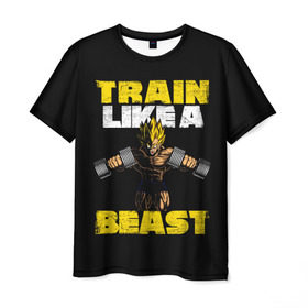 Мужская футболка 3D с принтом Train Like a Beast в Санкт-Петербурге, 100% полиэфир | прямой крой, круглый вырез горловины, длина до линии бедер | dragon ball | strong | workout | воркаут | драгон бол