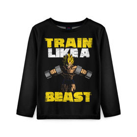 Детский лонгслив 3D с принтом Train Like a Beast в Санкт-Петербурге, 100% полиэстер | длинные рукава, круглый вырез горловины, полуприлегающий силуэт
 | Тематика изображения на принте: dragon ball | strong | workout | воркаут | драгон бол